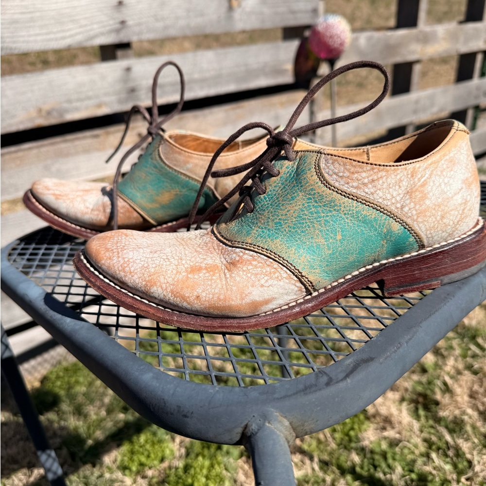 Bed Stu Turquoise and White Oxford Style with Worn In Look Detailing